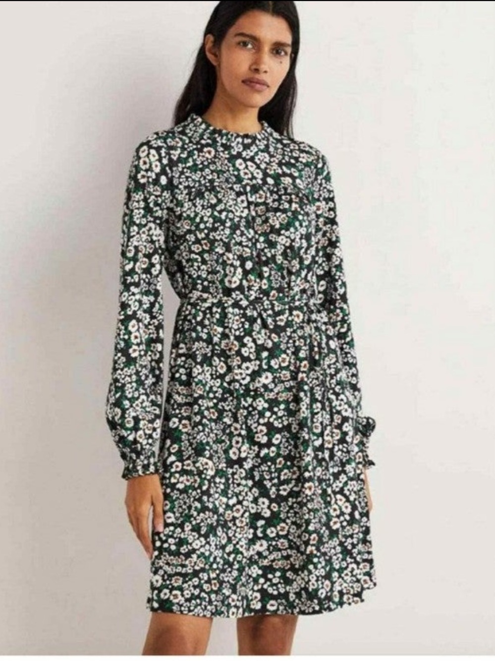 Boden Easy Yoke Floral Mini Dress Black White Knit Mock Neck Ruffle Detail 14R